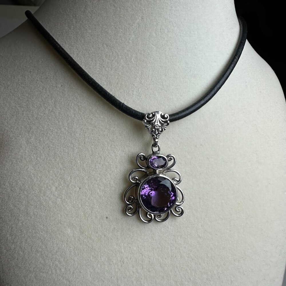 Artisan Amethyst Pendant – Large Natural Stones – Ornate Scroll Design pre-owned